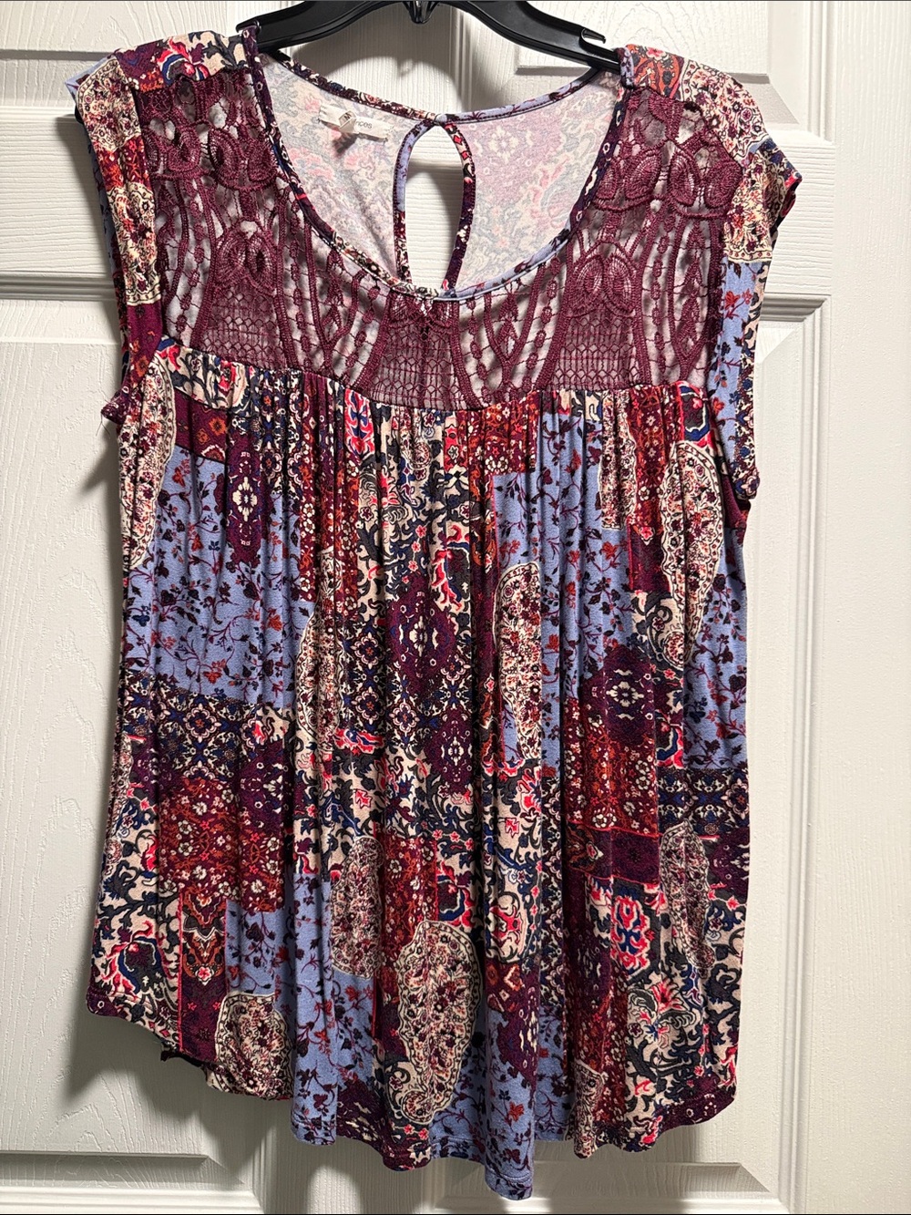 Maurices Burgundy and Light Blue Patchwork Tunic with Crochet Yoke